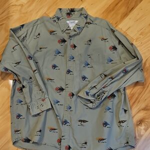 Wrangler Rugged Wear Men's Vintage Green Button-Up Shirt with Fly Fishing Print